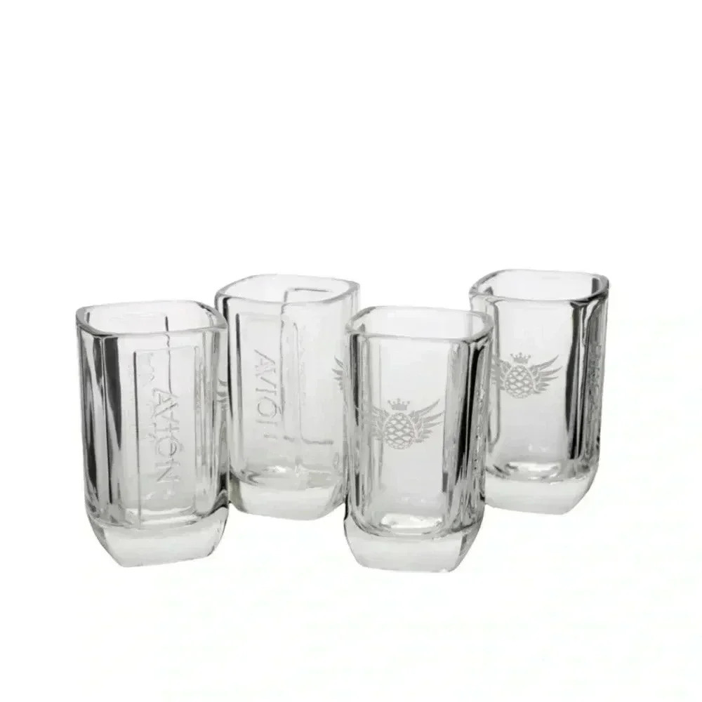 Set of 4 Avión Tequila Embossed Logo Square Shot Glass with Etched Agave
